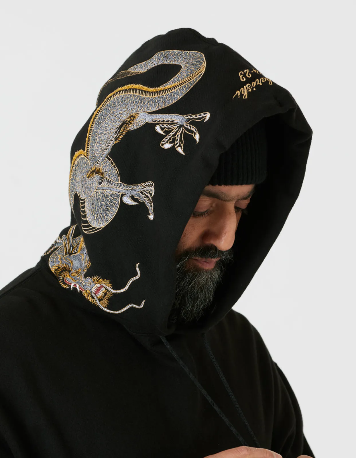 Hooded Sweats*Maharishi 4212 Dragon Embroidered Hooded Sweat Golden Black
