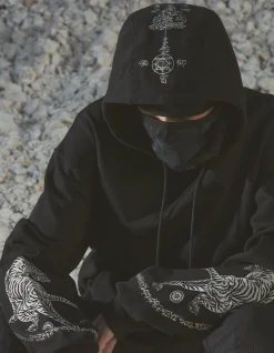Hooded Sweats*Maharishi 4280 Duelling Tigers Embroidered Hooded Sweat Black