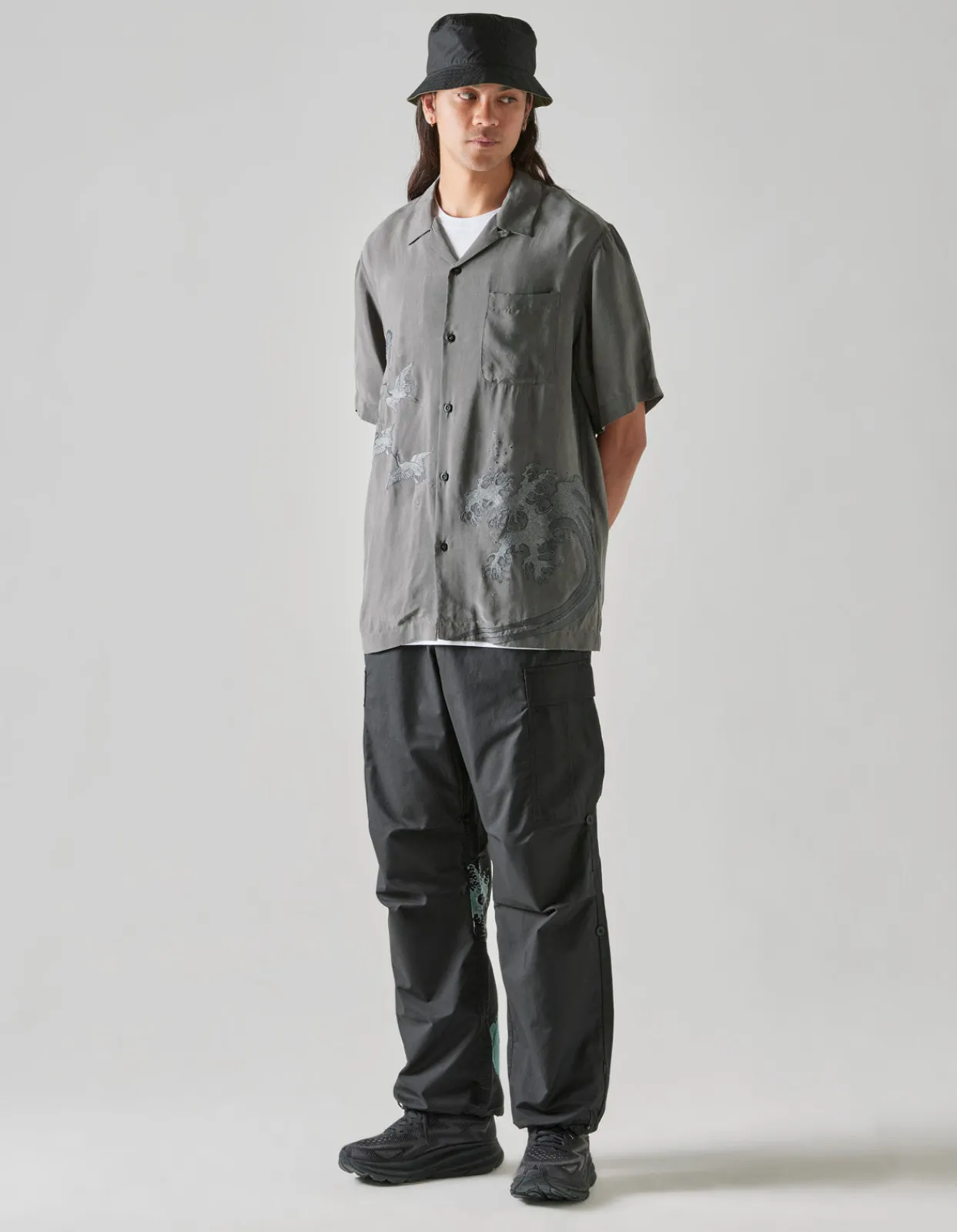 Shirts*Maharishi 4508 Flying Cranes Embroidered Shirt Charcoal