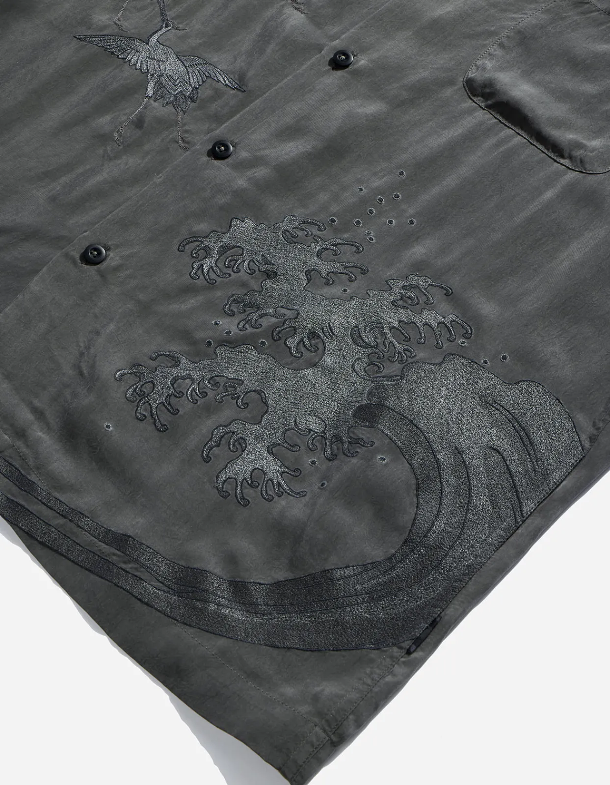 Shirts*Maharishi 4508 Flying Cranes Embroidered Shirt Charcoal
