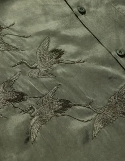 Shirts*Maharishi 4508 Flying Cranes Embroidered Shirt Maha Olive