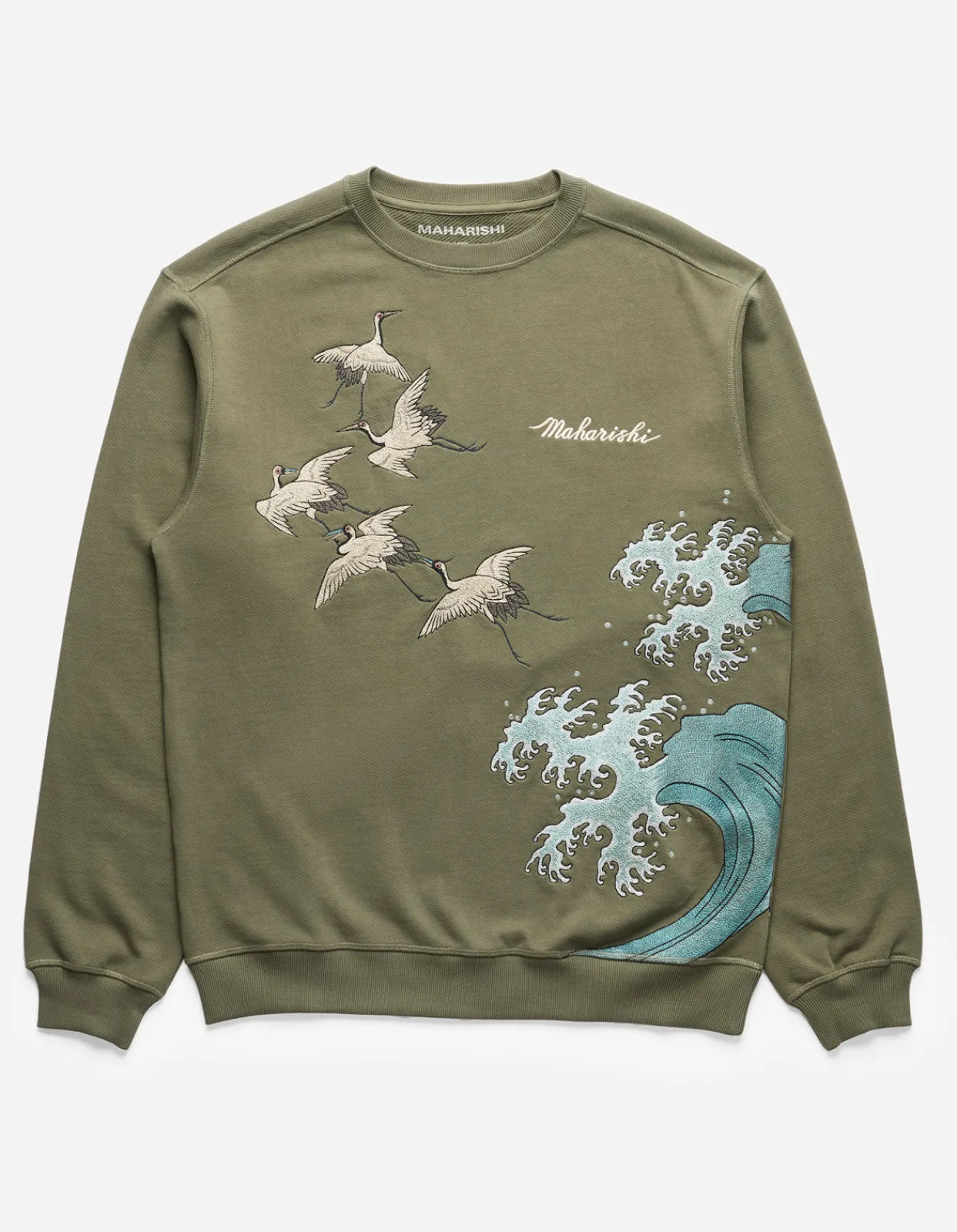 Crew Sweats*Maharishi 4505 Flying Peace Cranes Crew Sweat Olive Og-107F