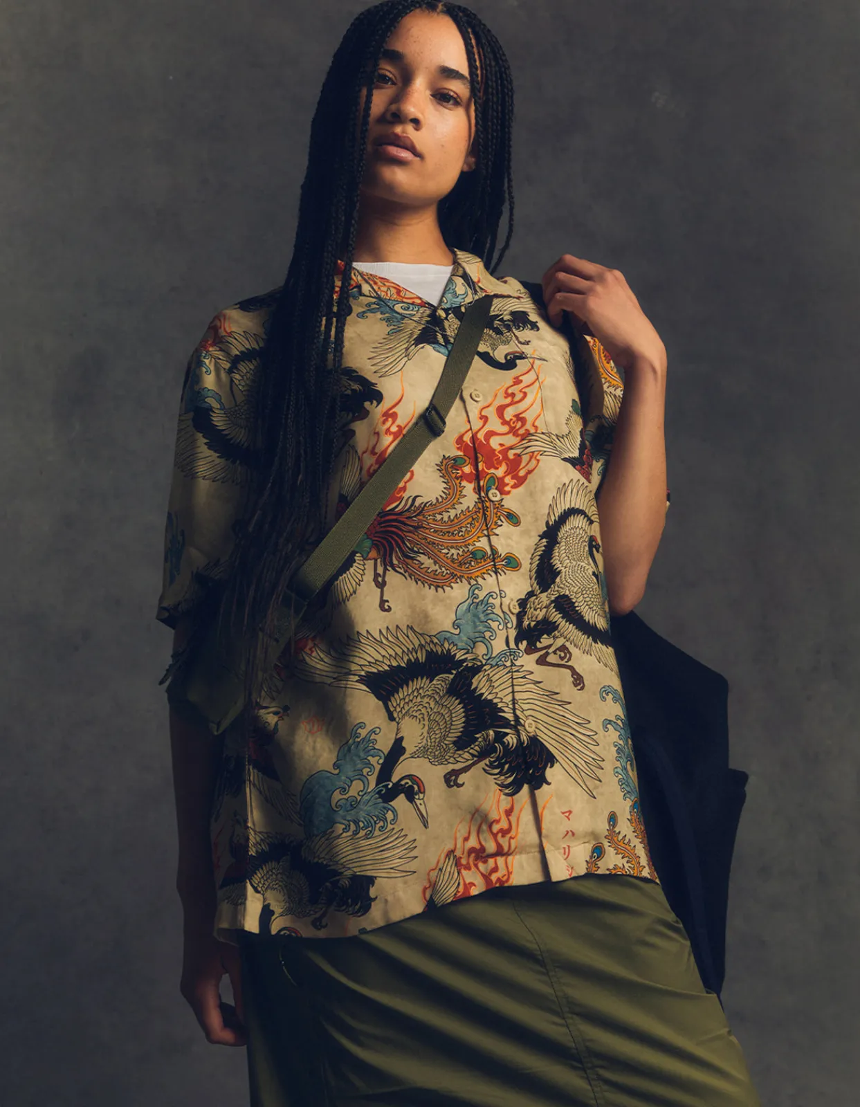 Shirts*Maharishi 4509 Peace Cranes Camp-Collar Shirt Ecru