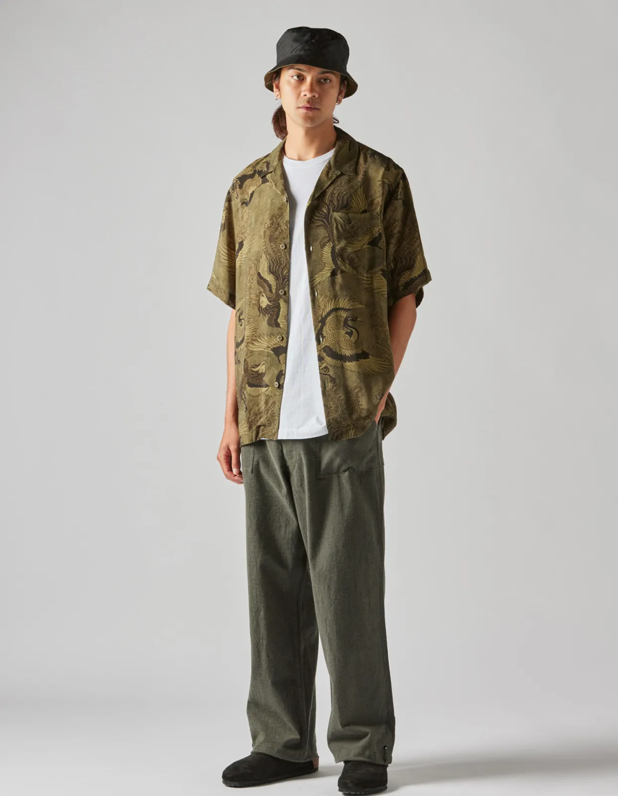 Shirts*Maharishi 4509 Peace Cranes Camp-Collar Shirt Olive Subdued