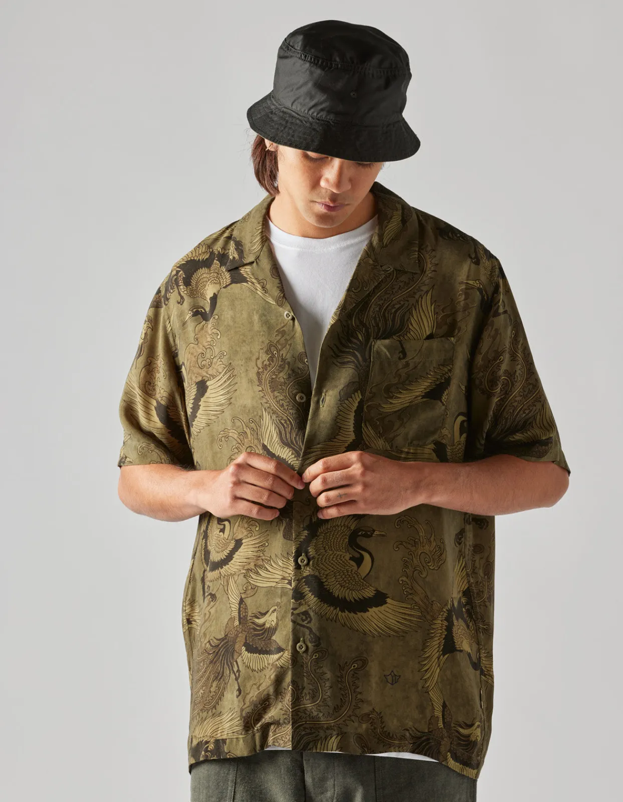 Shirts*Maharishi 4509 Peace Cranes Camp-Collar Shirt Olive Subdued