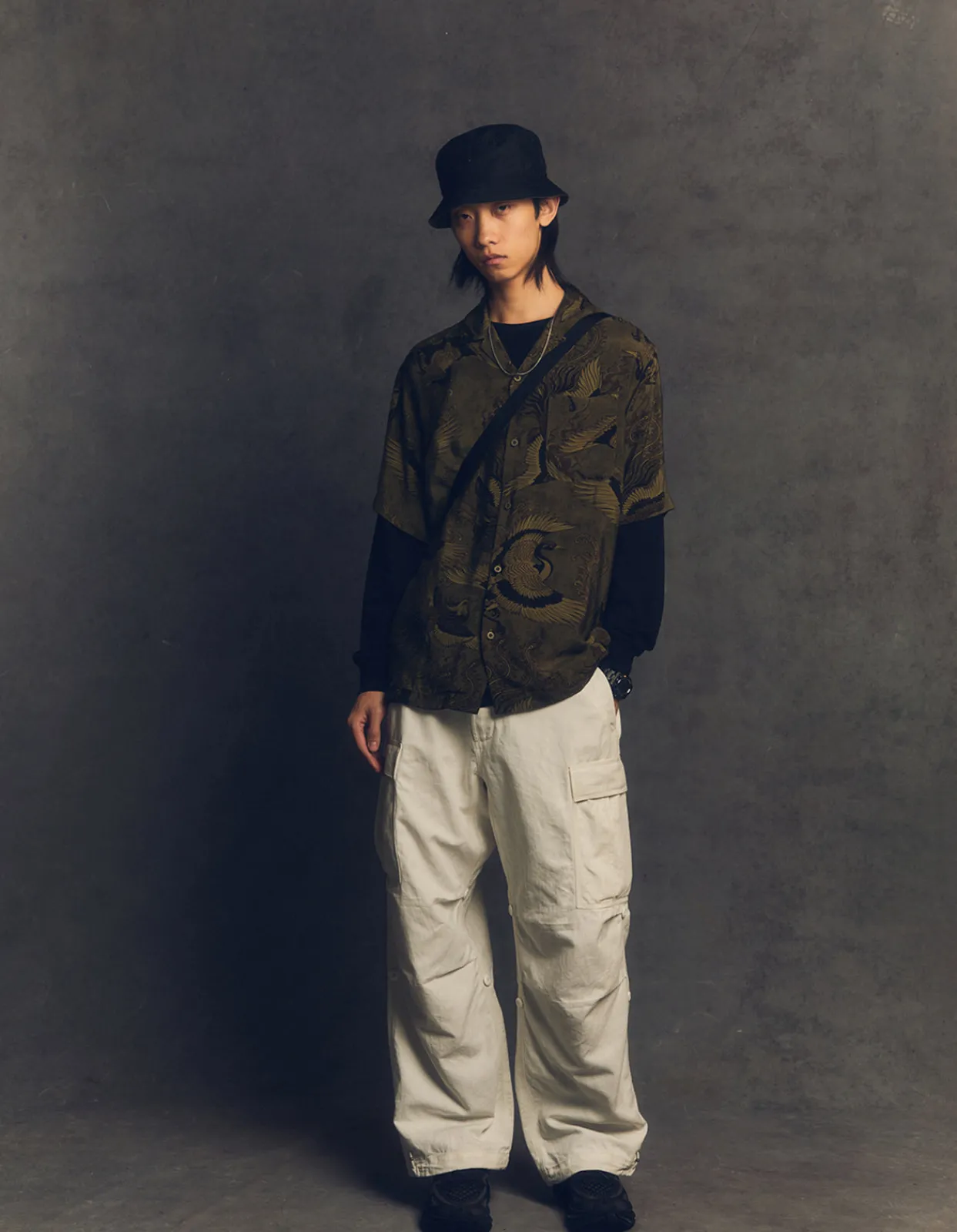 Shirts*Maharishi 4509 Peace Cranes Camp-Collar Shirt Olive Subdued