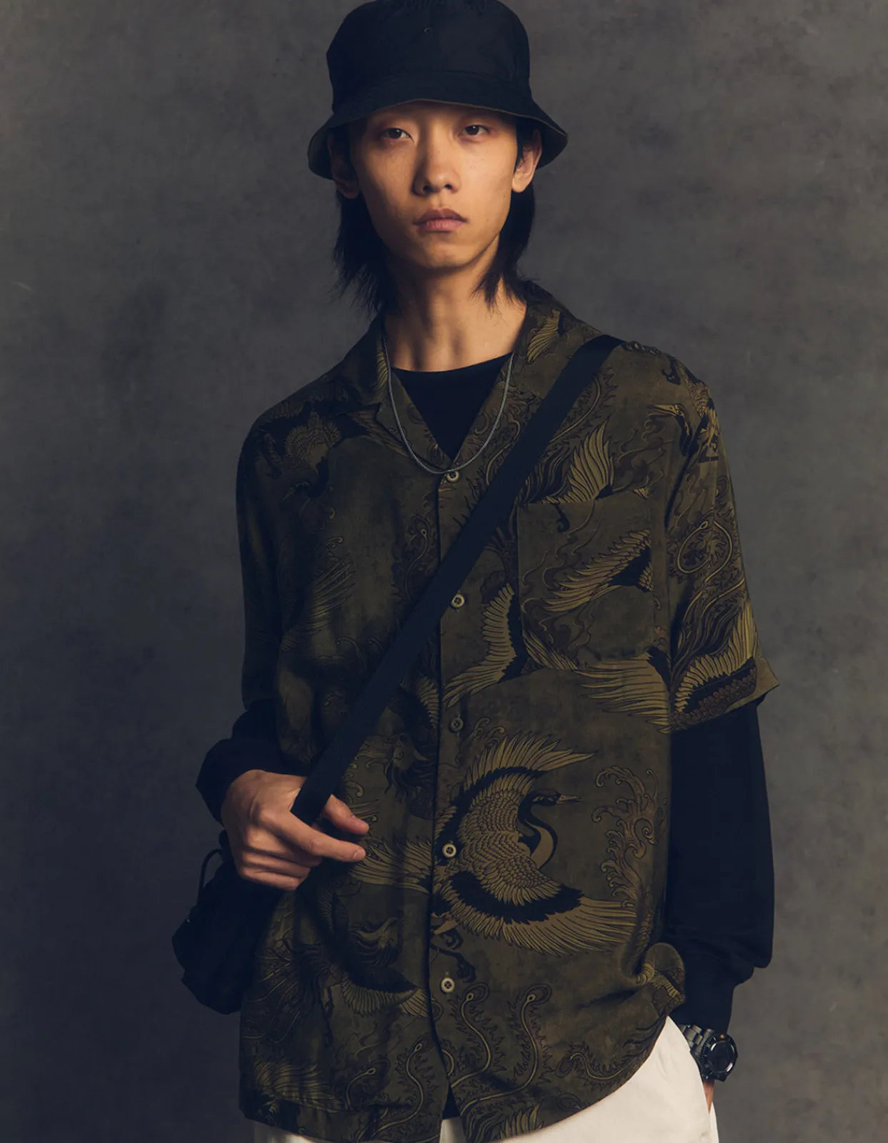 Shirts*Maharishi 4509 Peace Cranes Camp-Collar Shirt Olive Subdued