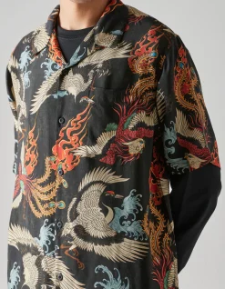 Shirts*Maharishi 4509 Peace Cranes Camp-Collar Shirt Black