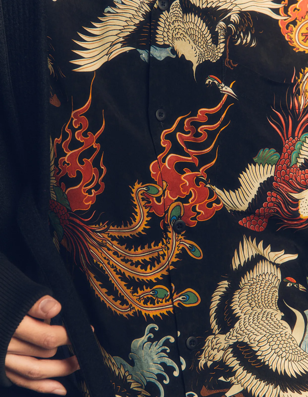 Shirts*Maharishi 4509 Peace Cranes Camp-Collar Shirt Black