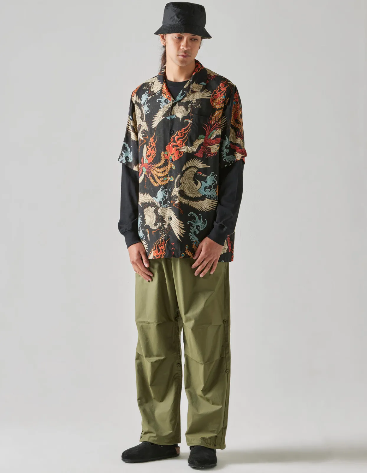 Shirts*Maharishi 4509 Peace Cranes Camp-Collar Shirt Black