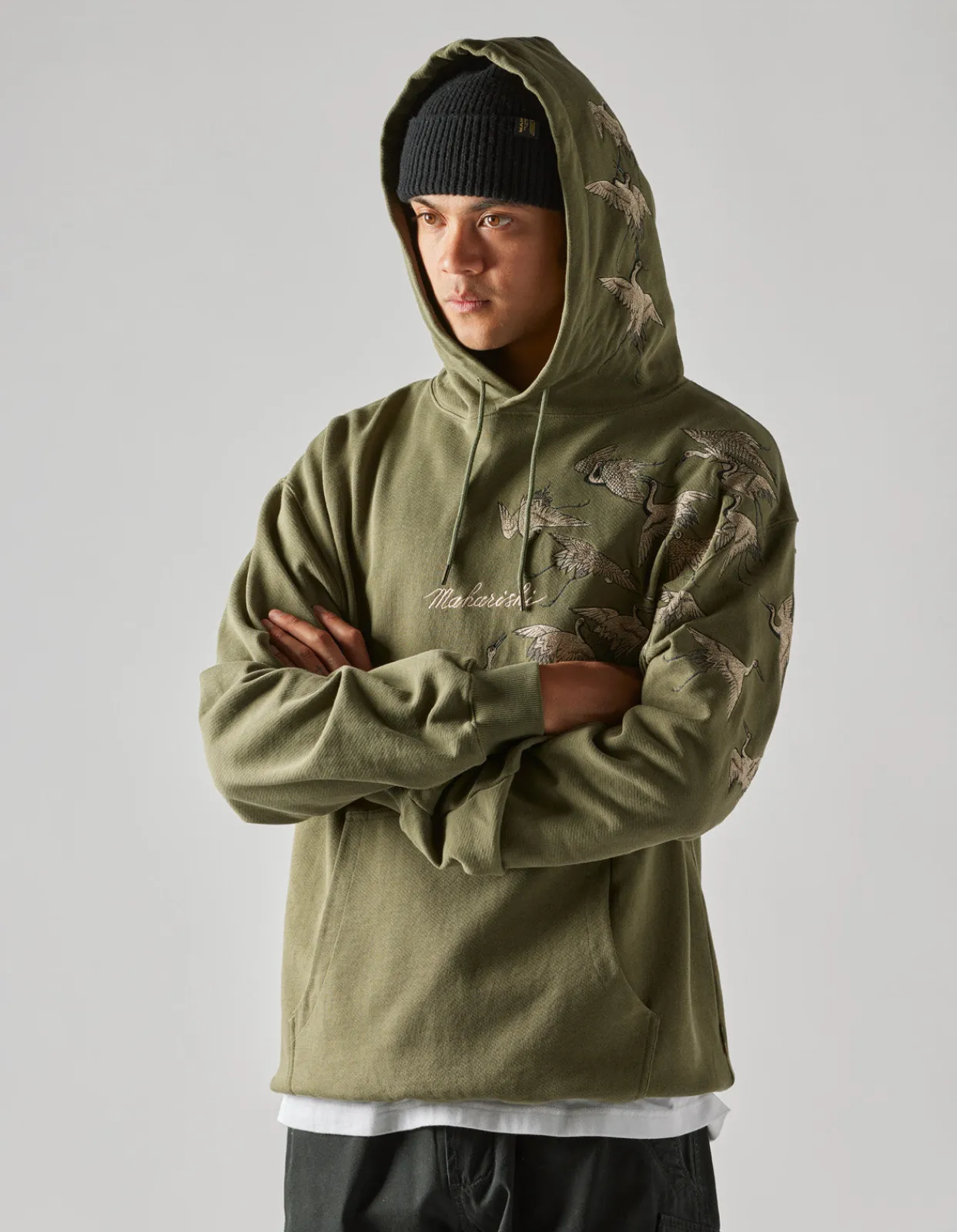 Hooded Sweats*Maharishi 4506 Peace Cranes Hooded Sweat Olive Og-107F