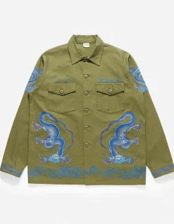 Shirts*Maharishi 4213 Thai Dragon Utility Shirt Olive Og-107F