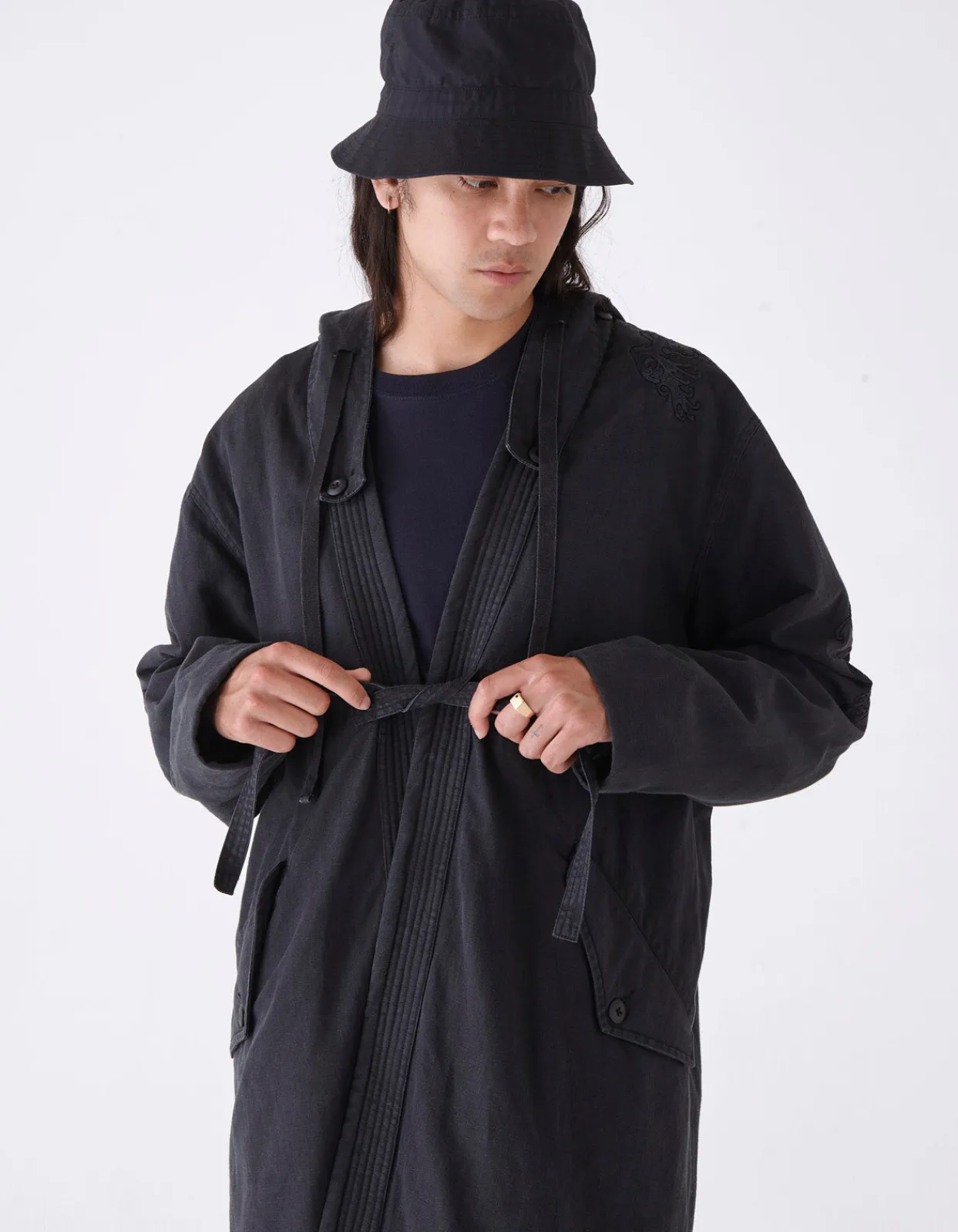 Parkas*Maharishi 4240 Water Dragon Embroidered Kimono Parka Black Blk-108Ff