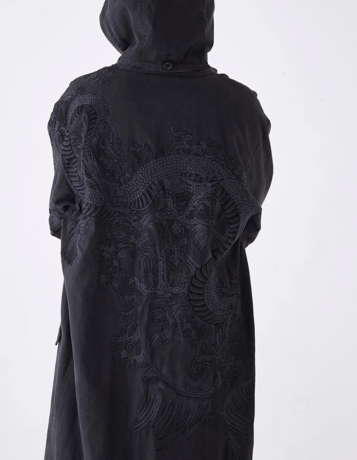 Parkas*Maharishi 4240 Water Dragon Embroidered Kimono Parka Black Blk-108Ff