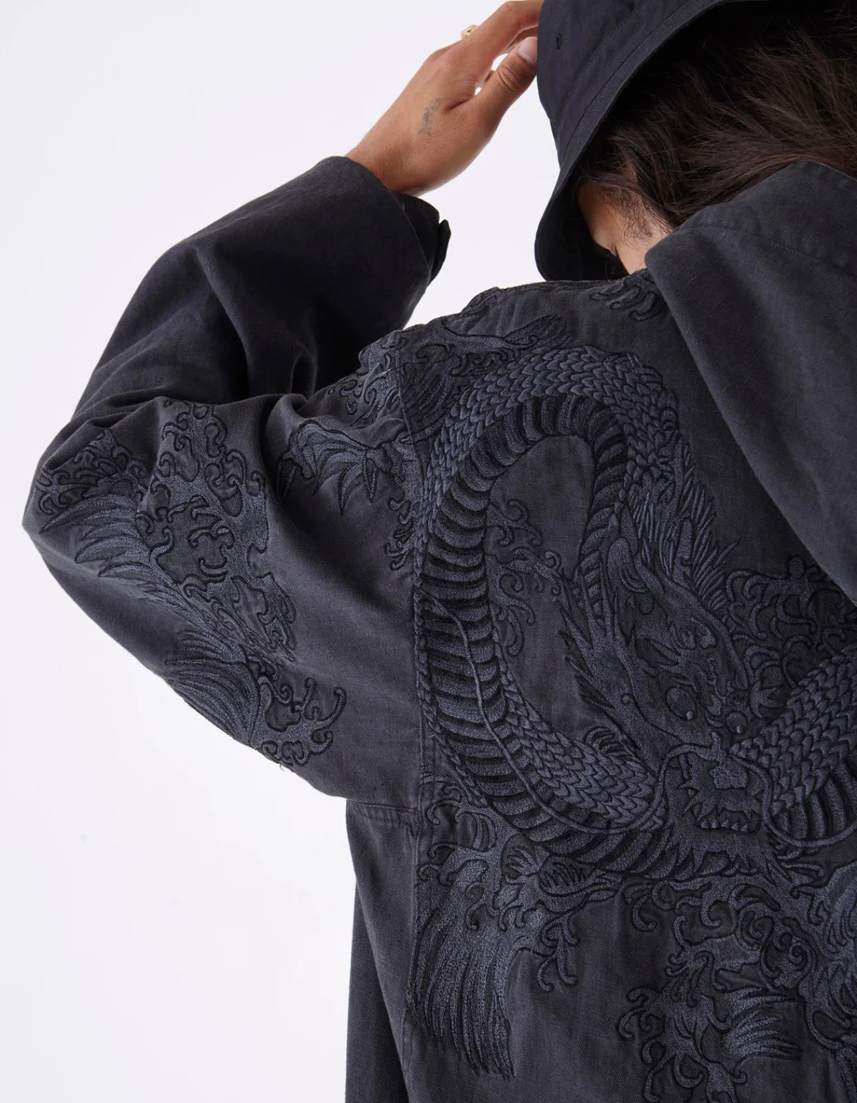 Parkas*Maharishi 4240 Water Dragon Embroidered Kimono Parka Black Blk-108Ff