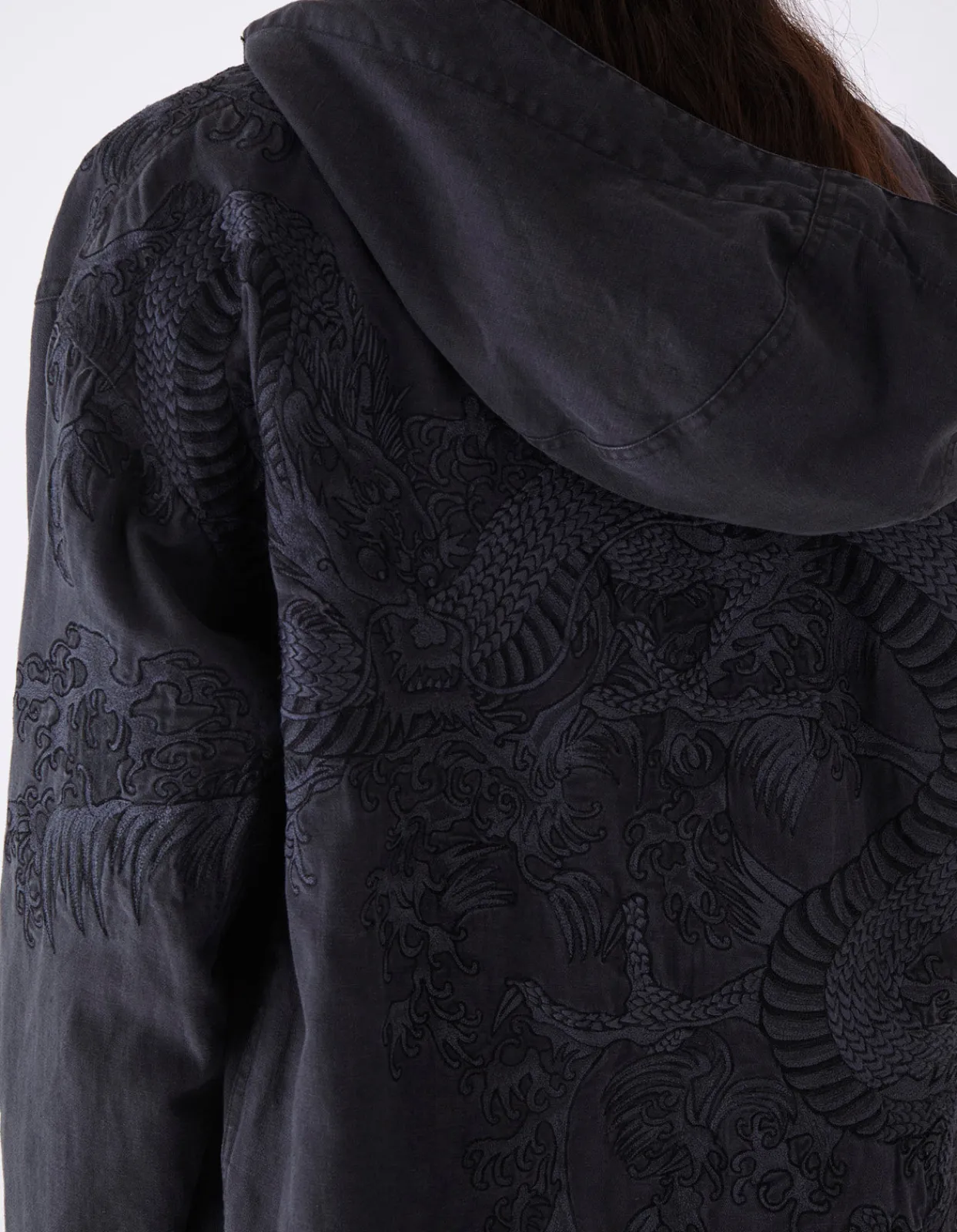 Parkas*Maharishi 4240 Water Dragon Embroidered Kimono Parka Black Blk-108Ff