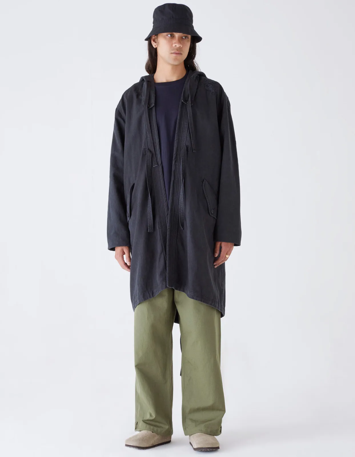 Parkas*Maharishi 4240 Water Dragon Embroidered Kimono Parka Black Blk-108Ff
