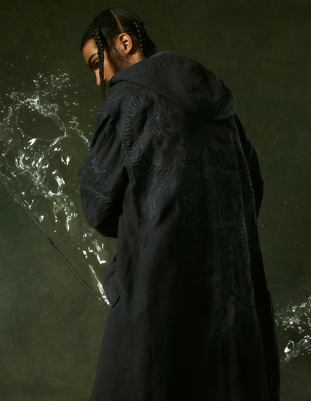 Parkas*Maharishi 4240 Water Dragon Embroidered Kimono Parka Black Blk-108Ff