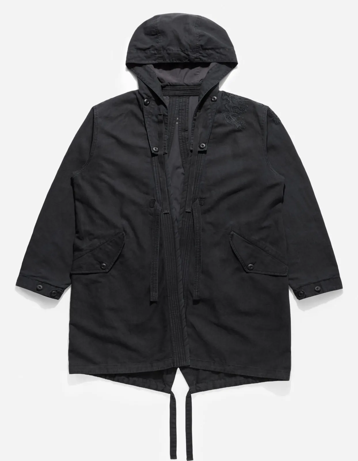 Parkas*Maharishi 4240 Water Dragon Embroidered Kimono Parka Black Blk-108Ff