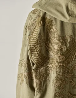 Parkas*Maharishi 4240 Water Dragon Embroidered Kimono Parka Olive Og-107Ff