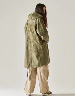Parkas*Maharishi 4240 Water Dragon Embroidered Kimono Parka Olive Og-107Ff