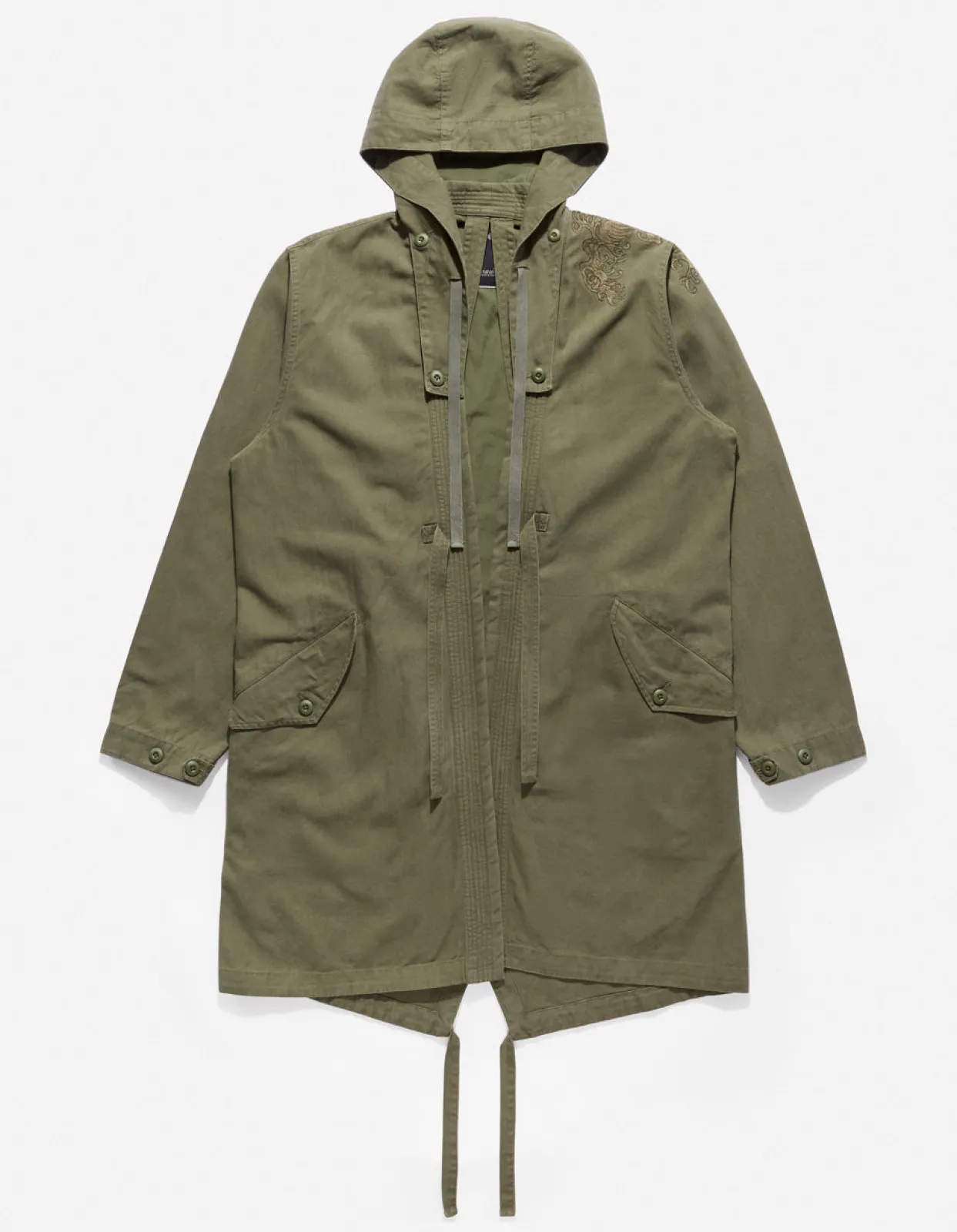 Parkas*Maharishi 4240 Water Dragon Embroidered Kimono Parka Olive Og-107Ff